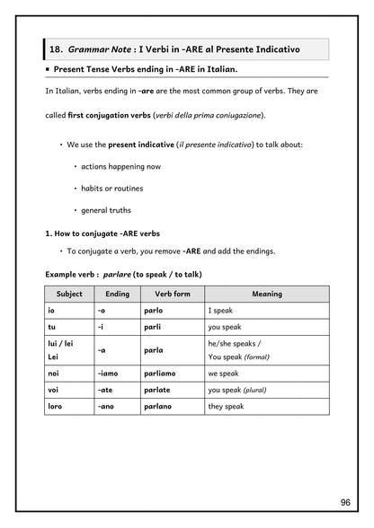 Verbs: the present tense of -ARE verbs, using parlare as the model (page 96)