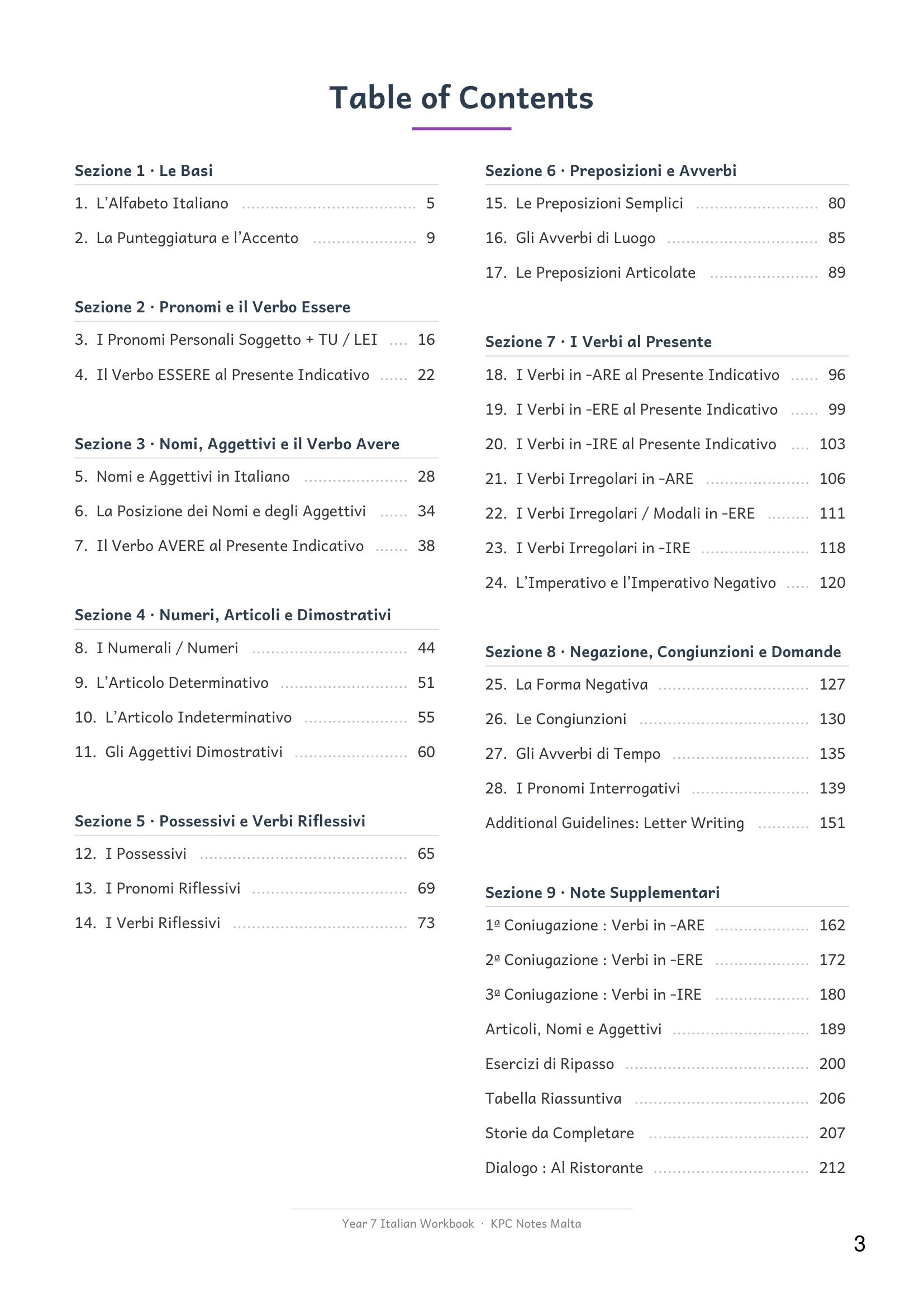 Contents: all 28 grammar topics across nine sections, with page numbers (page 3)