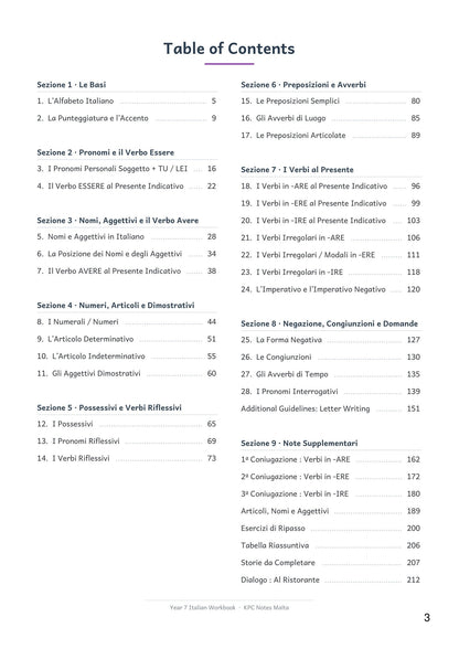 Italian — Contents: all 28 grammar topics across nine sections, with page numbers (page 3)