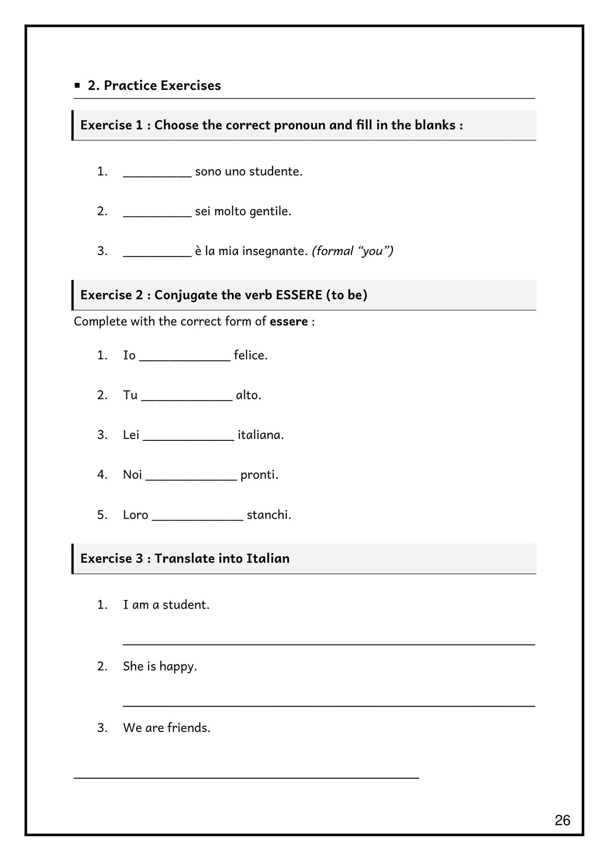 Pronouns & Essere: practice exercises conjugating and translating essere (page 26)