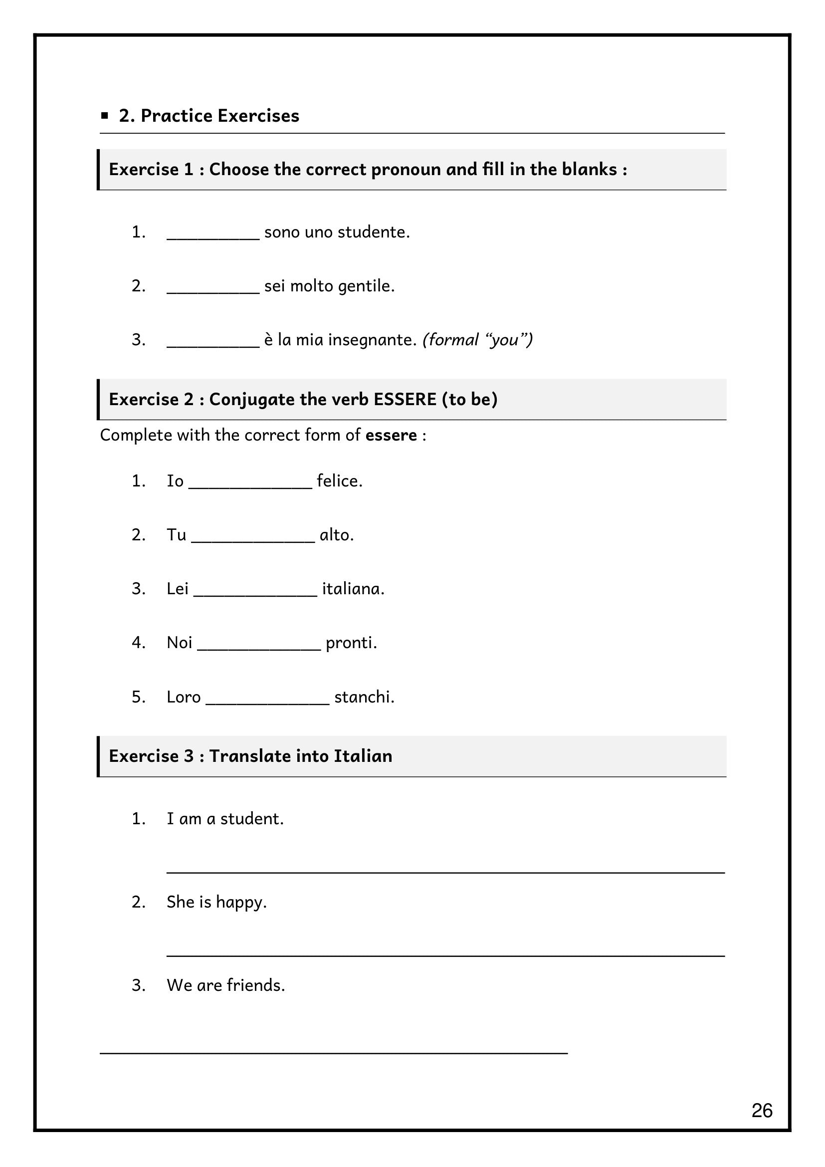 Pronouns & Essere: practice exercises conjugating and translating essere (page 26)