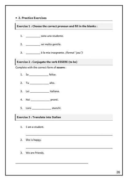 Pronouns & Essere: practice exercises conjugating and translating essere (page 26)