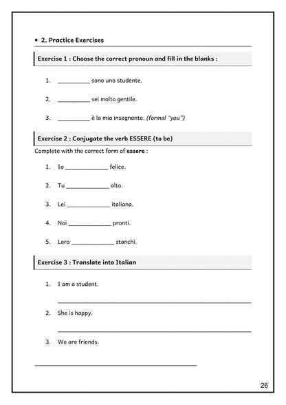 Italian — Pronouns & Essere: practice exercises conjugating and translating essere (page 26)