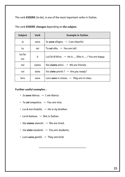 Pronouns & Essere: the verb 'to be' fully conjugated, with example sentences (page 25)