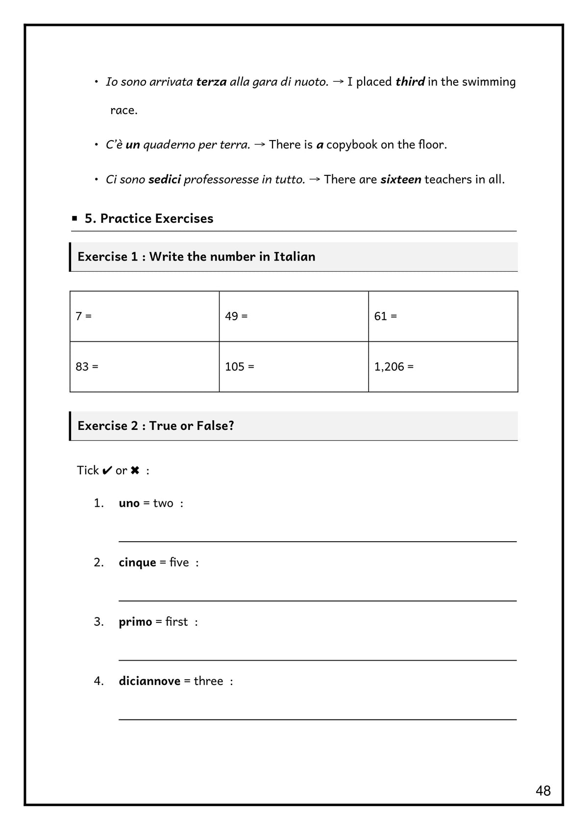 Numbers: writing numbers in Italian, and a true-or-false exercise (page 48)