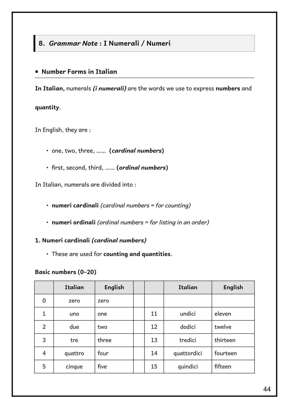 Numbers: cardinal numbers zero to fifteen, Italian and English (page 44)