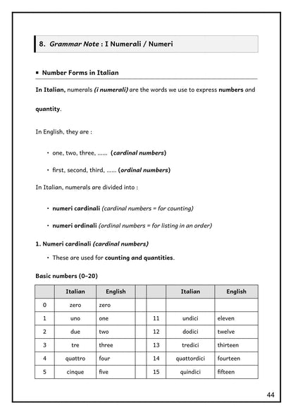 Numbers: cardinal numbers zero to fifteen, Italian and English (page 44)