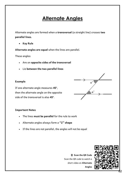 Maths: alternate angles on parallel lines, and the Z shape rule (page 62)