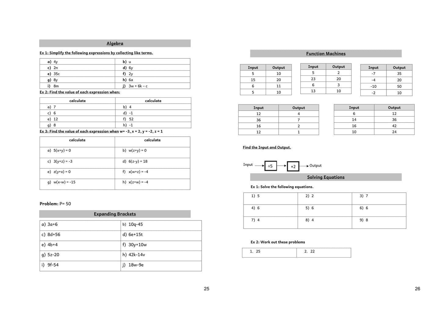 Maths: worked answers from the Maths answer booklet (pages 25 and 26)