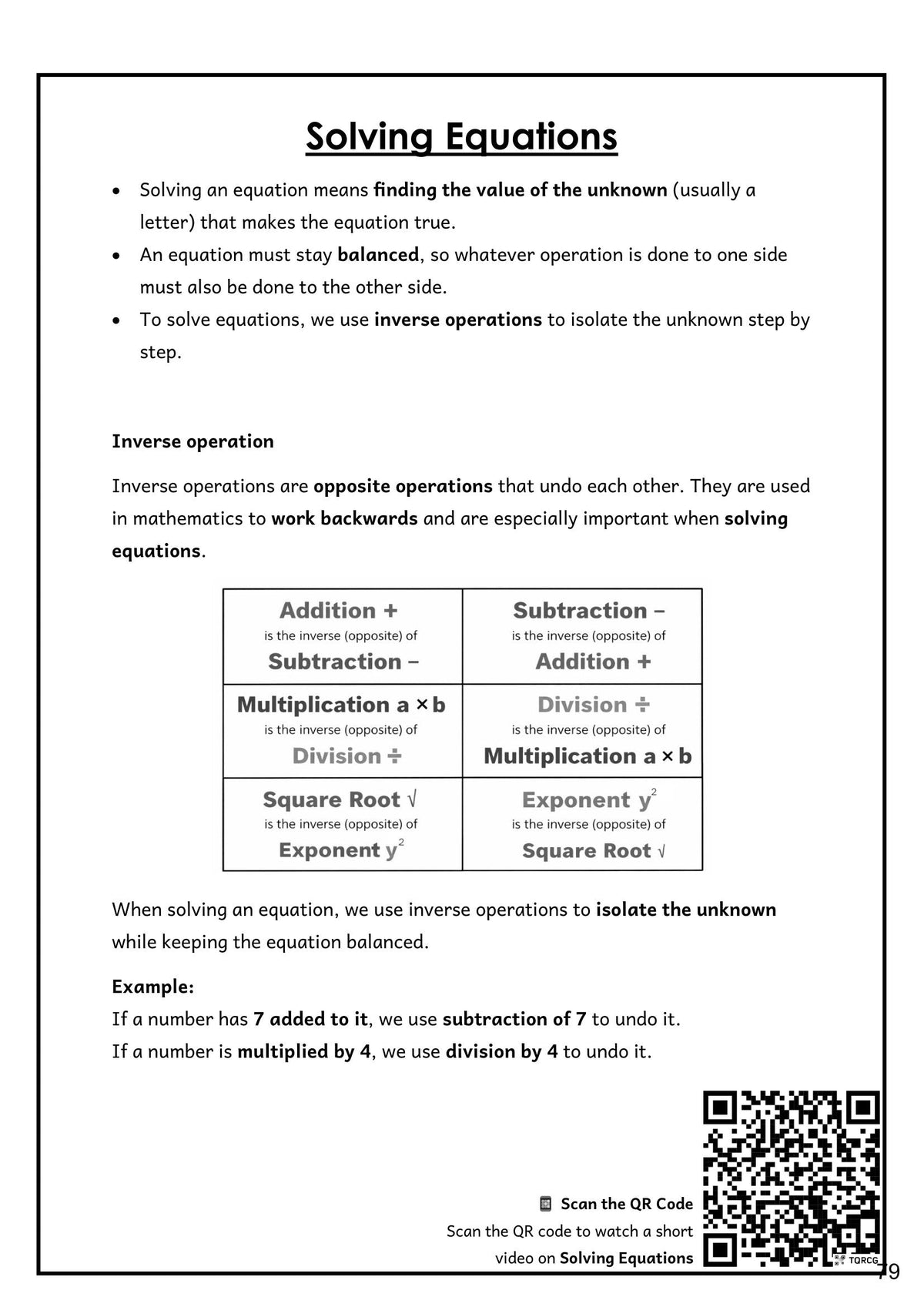 Maths — Algebra: solving equations with inverse operations (page 79)