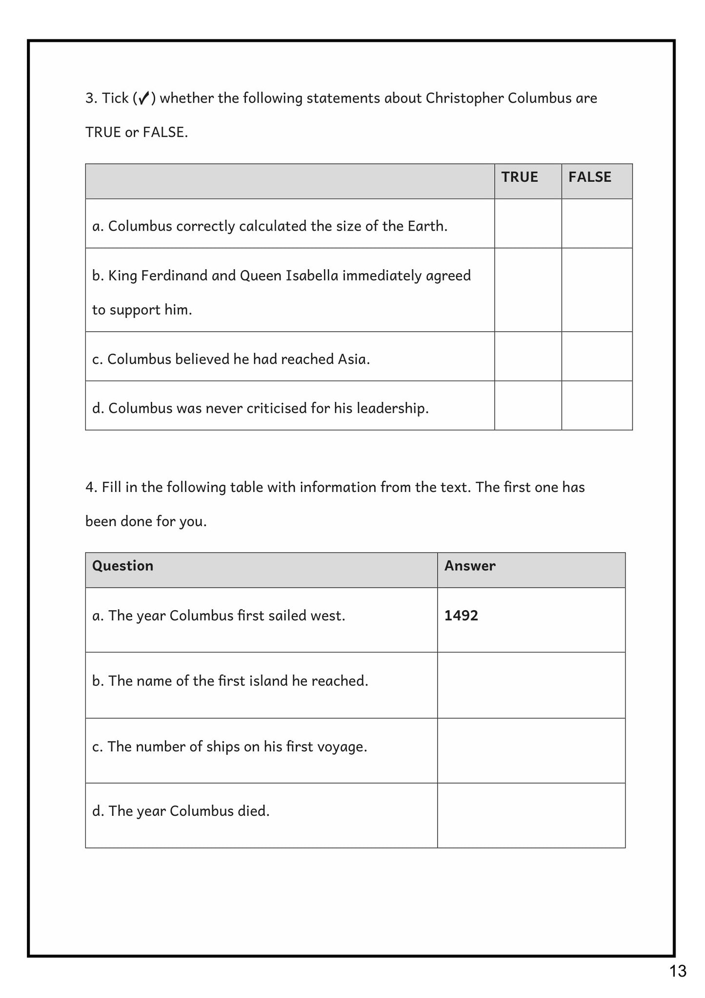 Reading Comprehension: true-or-false and retrieval questions on the source (page 13)