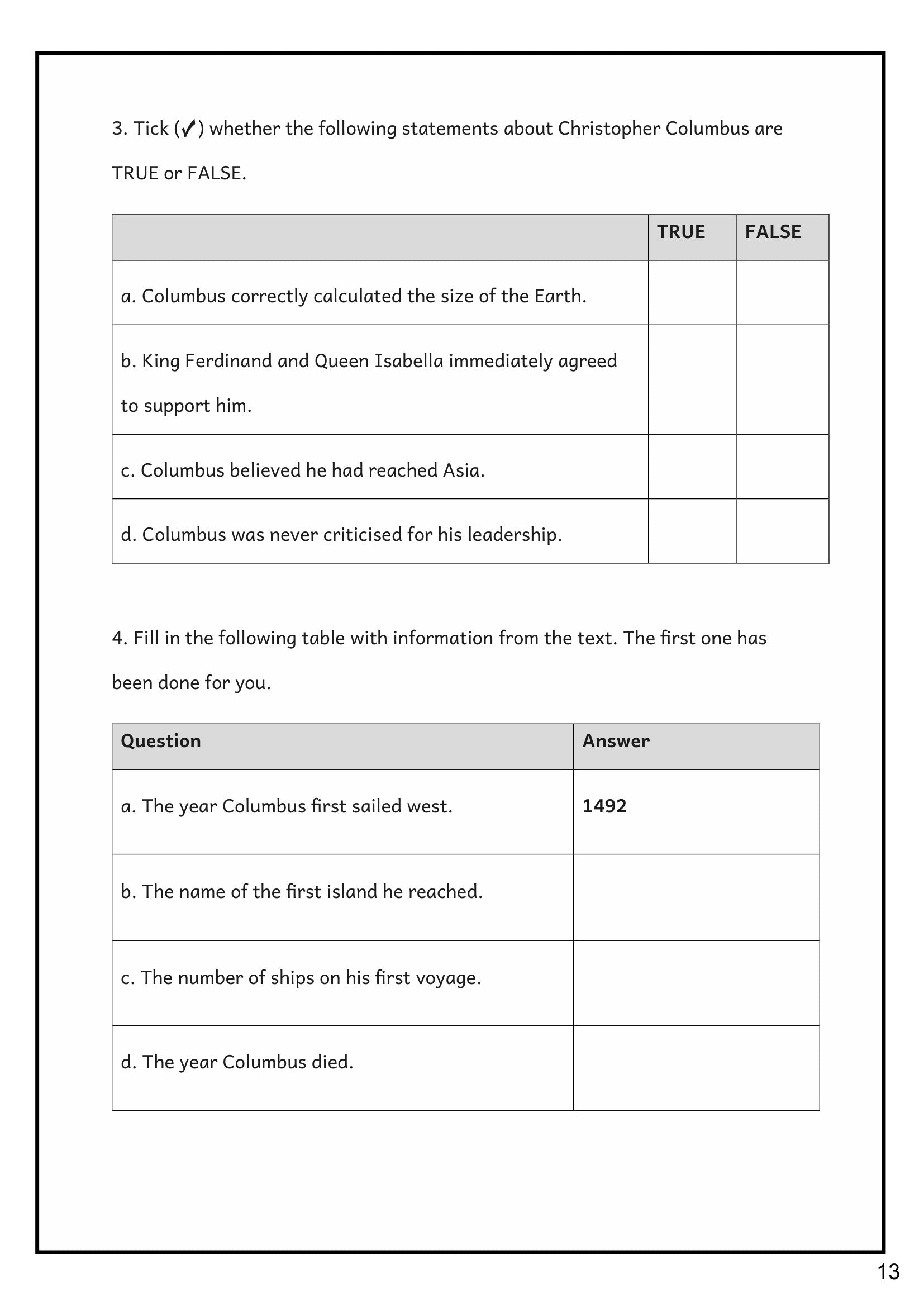 Reading Comprehension: true-or-false and retrieval questions on the source (page 13)