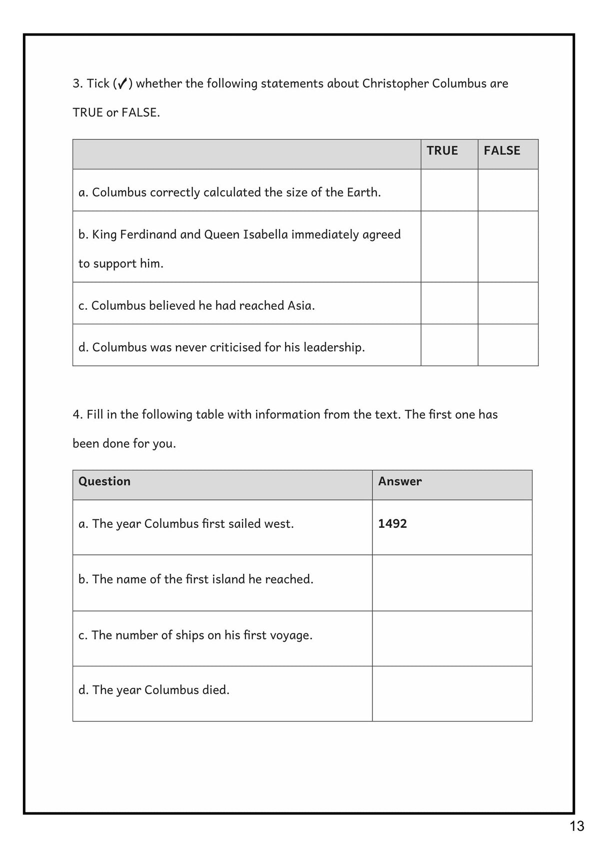 English: true-or-false and retrieval questions on a source text (page 13)