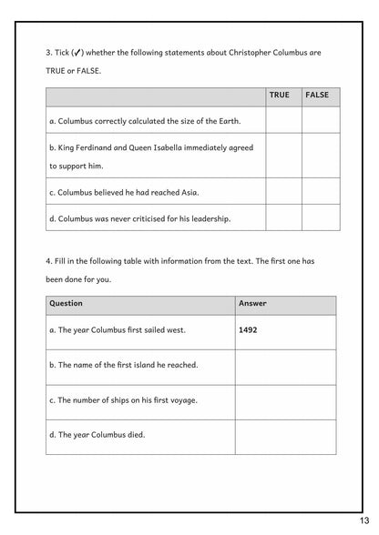 English: true-or-false and retrieval questions on a source text (page 13)
