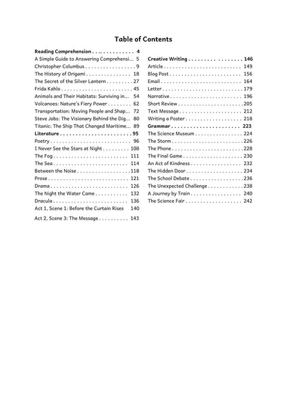 English: contents, 9 comprehensions, literature, 8 writing types and grammar (page 3)