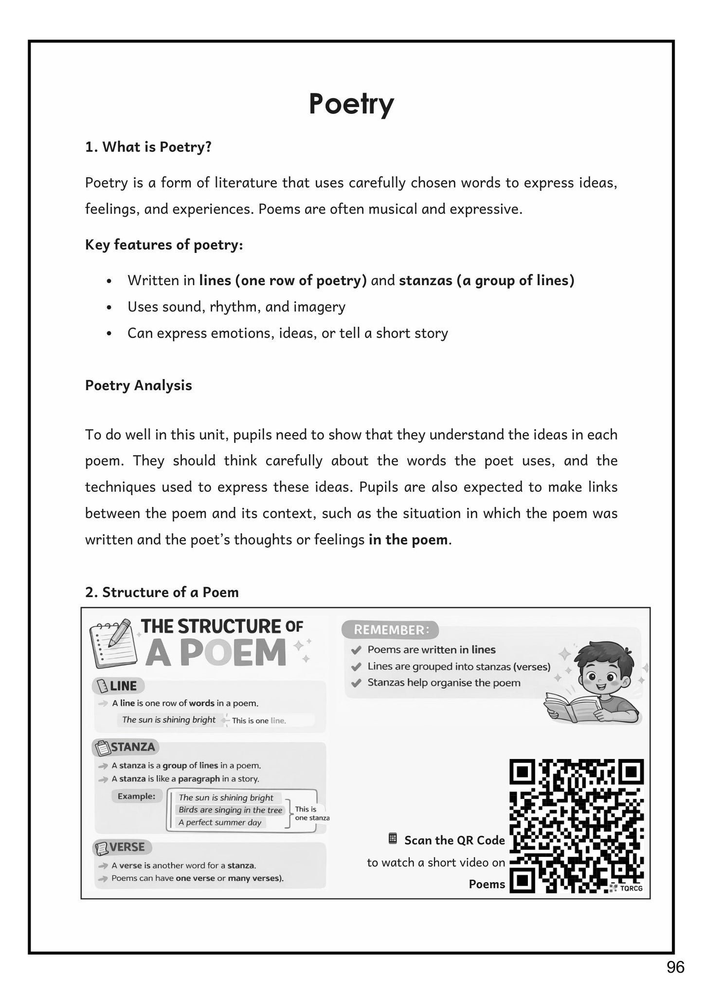 Literature: poetry, subject and theme, rhyme scheme and literary devices (page 96)