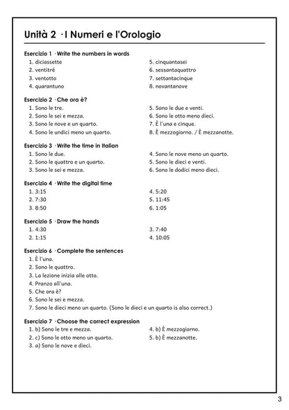 Italian: answers for numbers and telling the time, from the separate answer booklet (page 3)