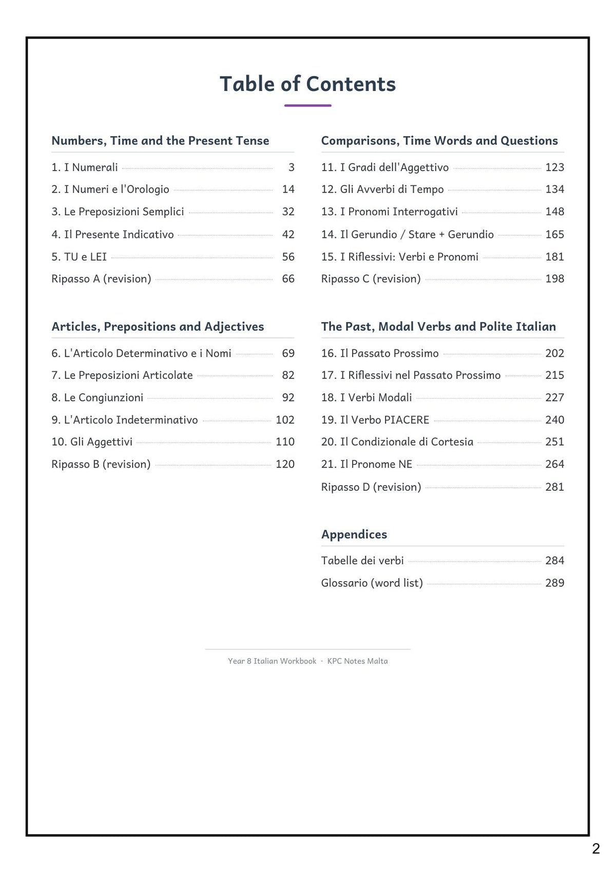 Italian: contents, all 21 grammar units and 4 revision sections, with page numbers (page 2)