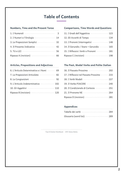 Italian: contents, all 21 grammar units and 4 revision sections, with page numbers (page 2)