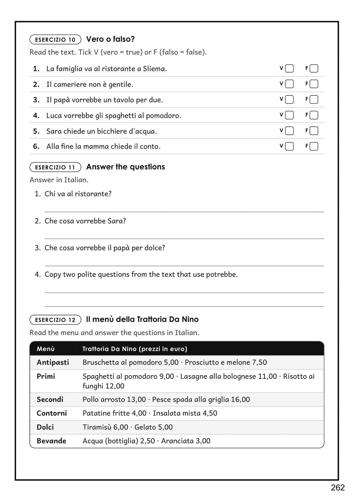 Italian: reading comprehension and an Italian restaurant menu with questions (page 262)