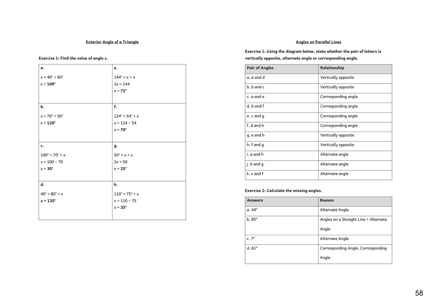 Maths: worked answers from the Maths answer booklet (page 58)