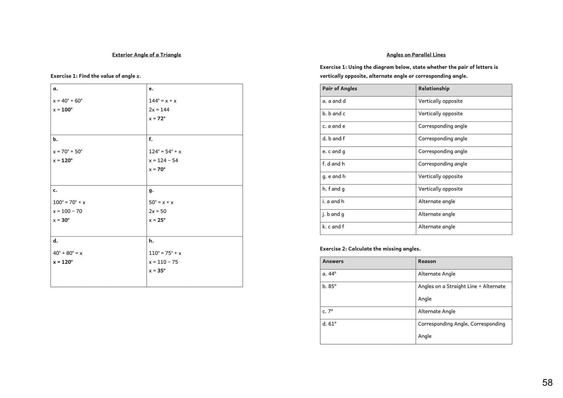 Maths: worked answers from the Maths answer booklet (page 58)