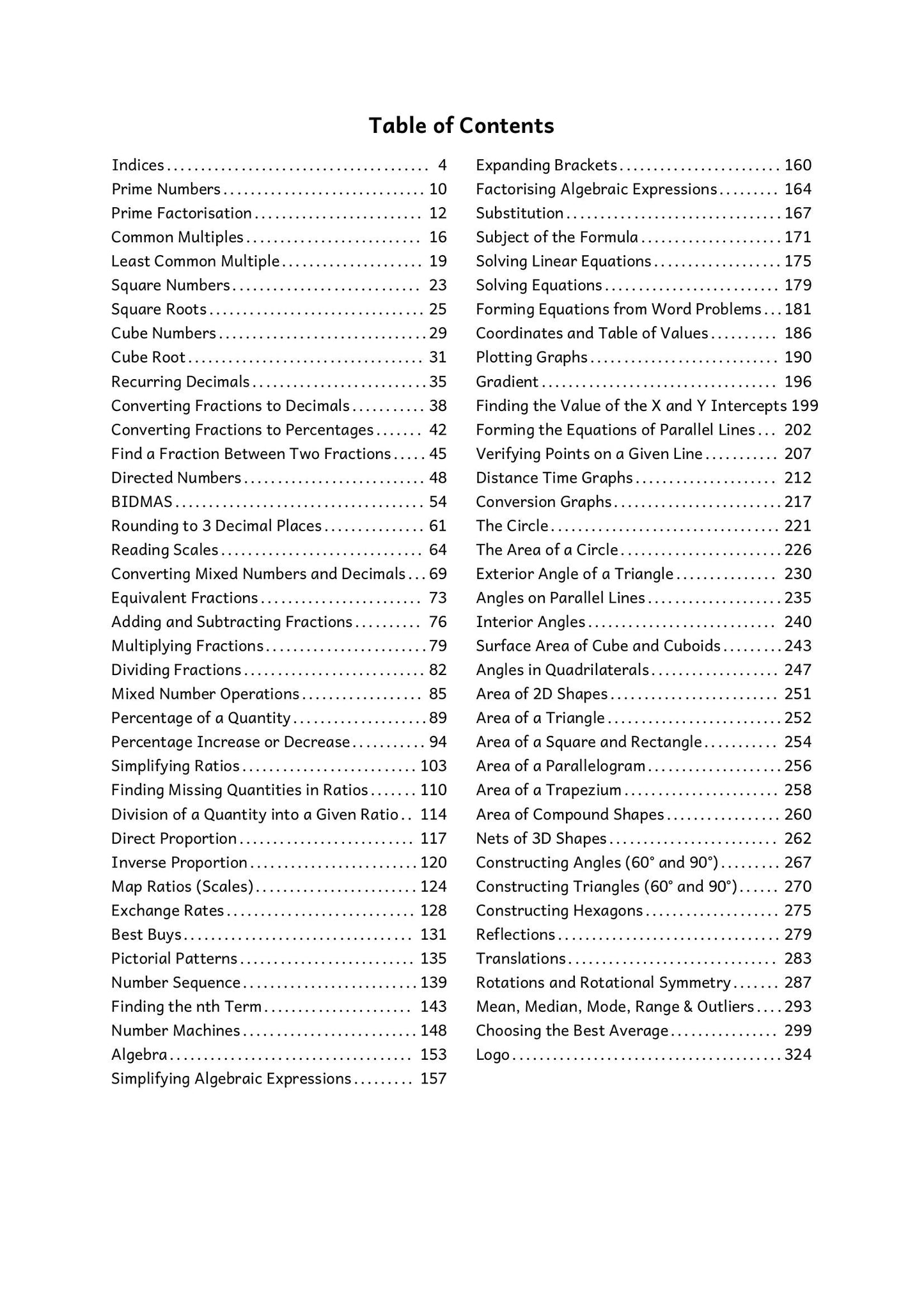 Maths: contents, every topic in the Maths book (page 3)