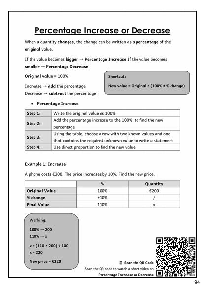 Maths: percentage increase and decrease, with a worked example (page 94)